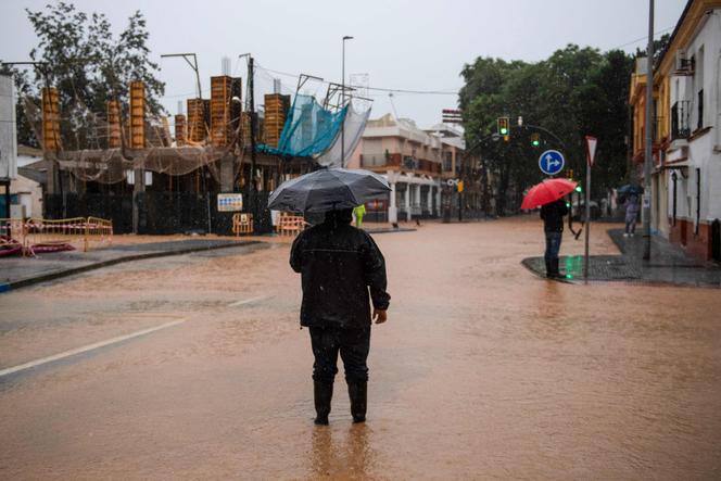 Uma pessoa está no meio de uma rua inundada em Campanillas, perto de Málaga, sul da Espanha, em 13 de novembro de 2024. 