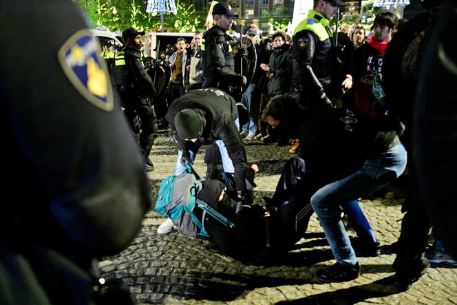 Policiais prendem um manifestante durante uma manifestação pró-Palestina não autorizada na Praça Dam, Amsterdã, 13 de novembro de 2024.