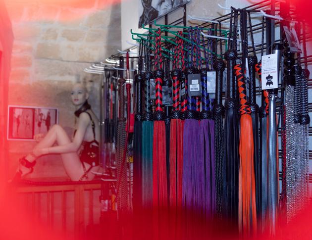 Whips in the Métamorph'Ose ready-to-wear boutique in the 4th arrondissement of Paris on April 19, 2024.