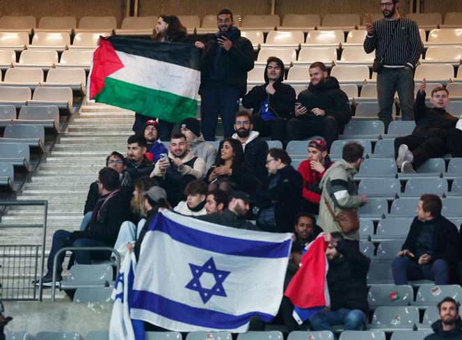 Un homme brandit un drapeau palestinien lors du match France-Israël au Stade de France à Saint-Denis, le 14 novembre 2024.