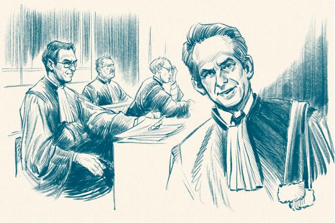 Advogados de defesa com Mᵉ Nicolay Fakiroff (à direita), durante o julgamento dos assistentes parlamentares da FN, no tribunal de Paris, 19 de novembro de 2024.