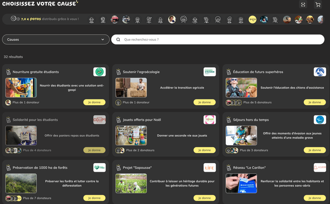 Vista do marketplace do site Mespotos.fr, com algumas das causas oferecidas aos doadores.