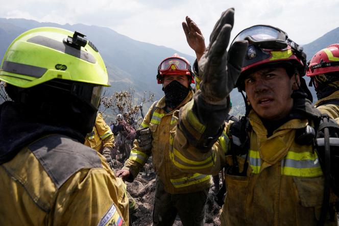 Des pompiers s’efforcent d’éteindre un feu de forêt dans le parc national de Cajas, à Cuenca, en Equateur, le 17 novembre 2024.