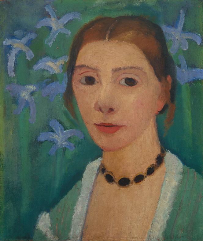     «Autoportrait sur fond vert aux iris bleus», de Paula Modersohn-Becker, huile sur toile (1900-1907).