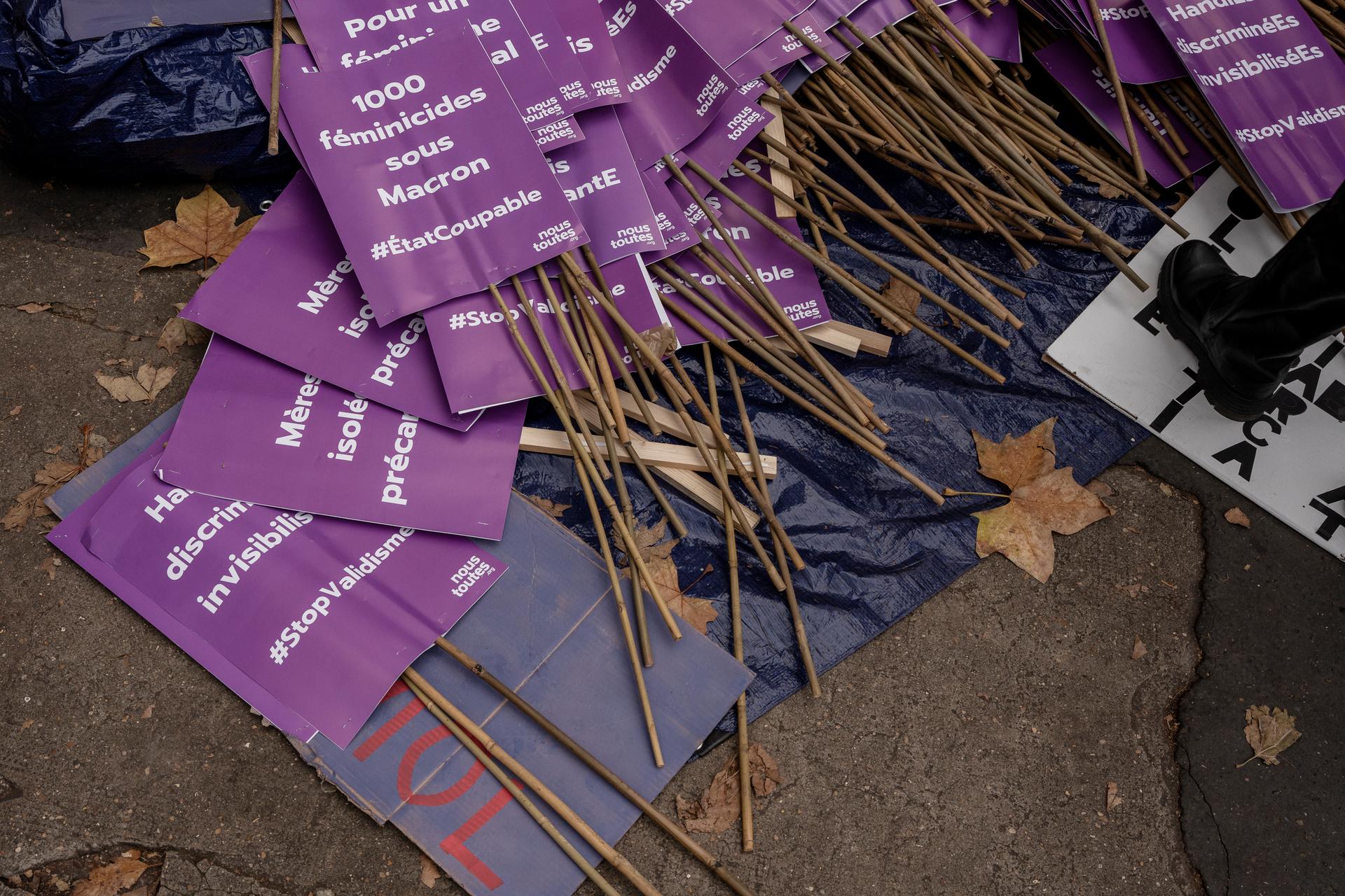 Posters, during the march against violence against women organized by #NousToutes, in Paris, November 23, 2024.