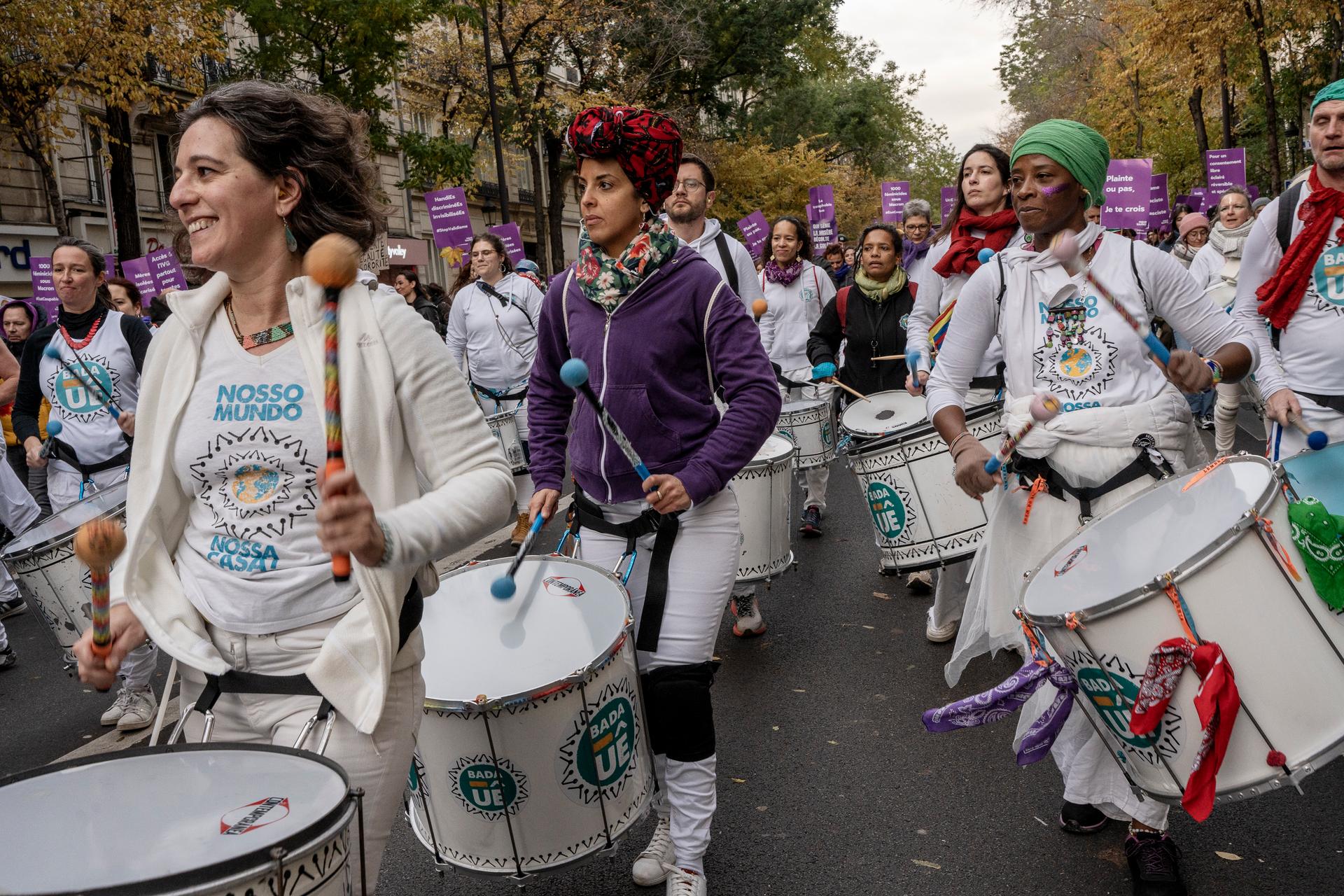 A batucada orchestra, during the march against violence against women organized by #NousToutes, in Paris, November 23, 2024.