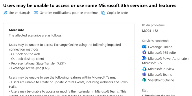 Communiqué de Microsoft accessible aux administrateurs des parcs informatiques de ses clients.