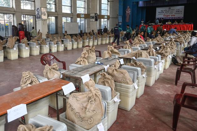 Ballot boxes and election materials at a distribution center in Dhaka on January 6, 2024, on the eve of the general elections in Bangladesh.