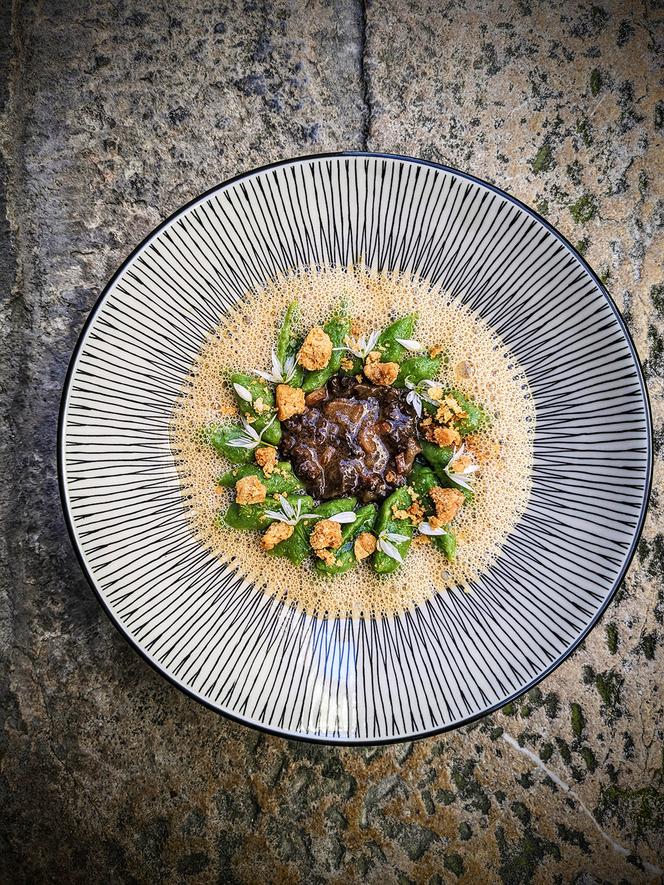 Gnocchis ail des ours, morille au savagnin, crumble chèvre, écume jus d'agneau corsé.