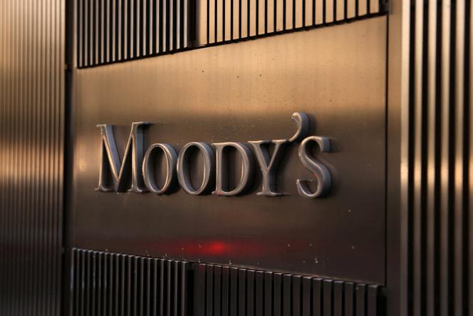 Signage is seen outside the Moody's Corporation headquarters in Manhattan, New York on November 12, 2021.