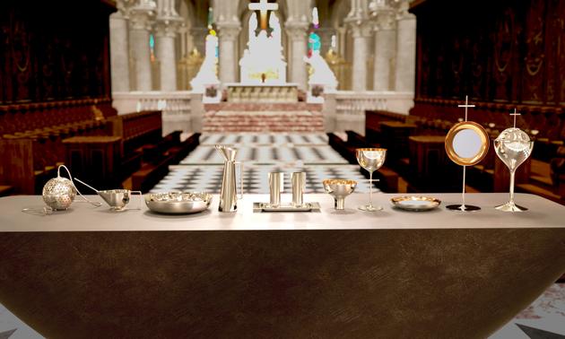 Tableware and liturgical objects, created for the Notre-Dame de Paris cathedral by designer Guillaume Bardet.