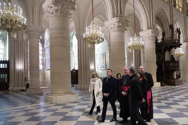 French President Emmanuel Macron, his wife Brigitte Macron, Culture Minister Rachida Dati and Archbishop of Paris Laurent Ulrich visit Notre-Dame de Paris cathedral, in Paris, on November 29, 2024.