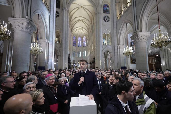 Emmanuel Macron in the nave of Notre-Dame Cathedral, Paris, November 29, 2024.