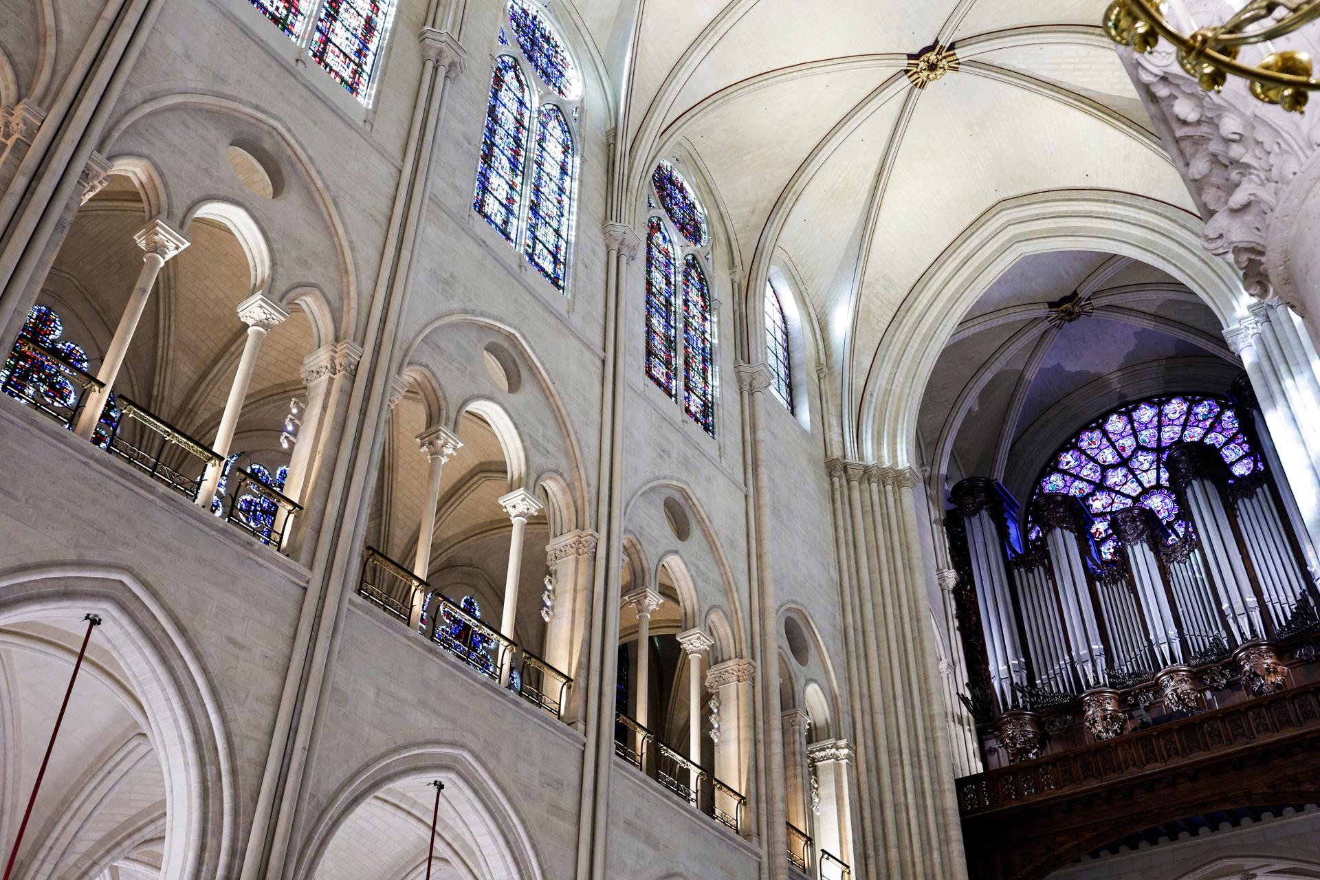 Part of the nave and the organ of Notre-Dame de Paris cathedral are seen while French President Emmanuel Macron visits the restored interiors of the cathedral, on Friday, November 29, 2024, in Paris.