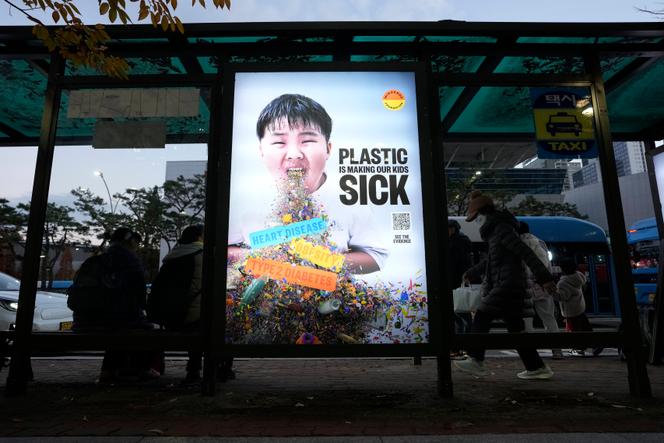Une affiche lors des négociations (qui ont échoué) pour un traité international sur le plastiques, fin 2024, à Pusan, Corée du Sud. 