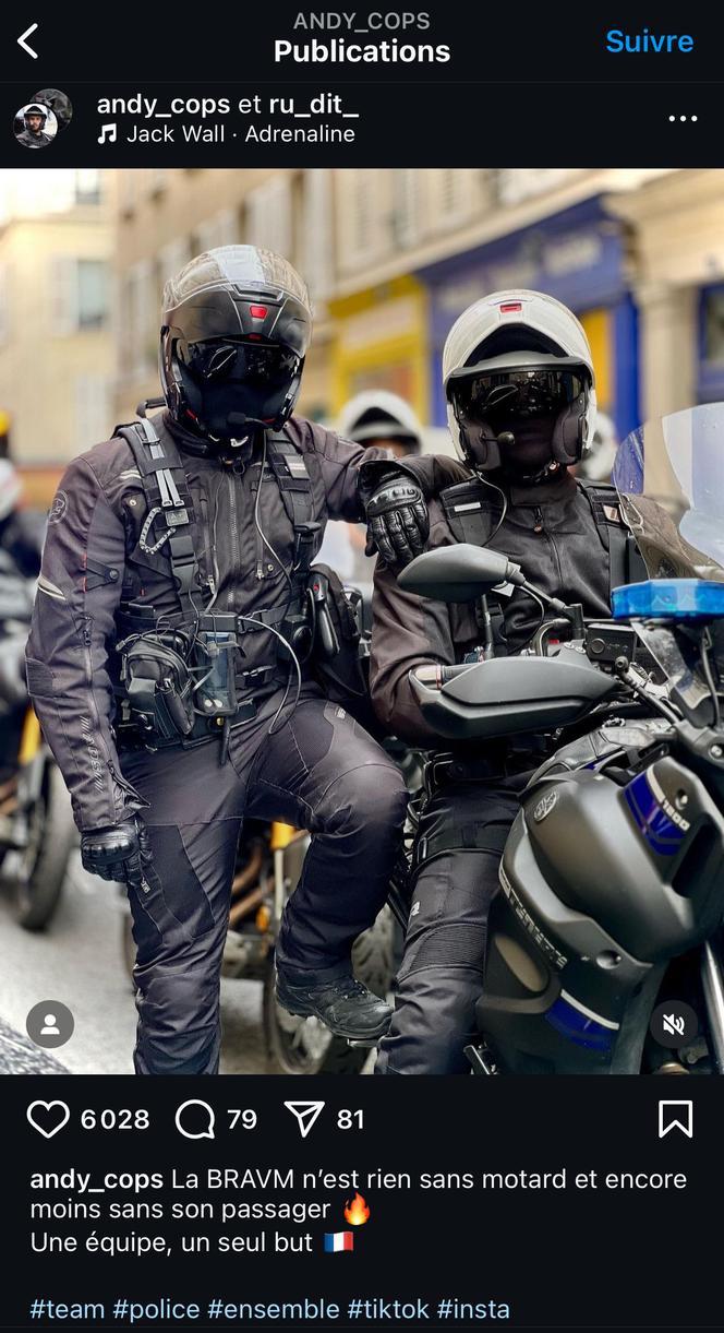 Capture d’écran du compte Instagram d’Andy Cops, le pseudonyme d’un gardien de la paix membre de la BRAV-M.