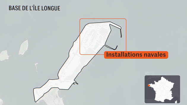 La base militaire de l’île Longue, située dans la rade de Brest (Finistère), dont les installations navales abritent les sous-marins lanceurs d’engins français.