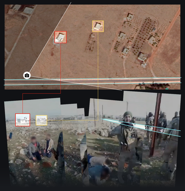 La comparaison du lieu de l’exécution avec des images satellites de la ville d’Al-Rabia en Syrie permet de déterminer le lieu exact de la scène (35.0928, 36.6015). 