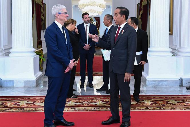 Nesta foto tirada e divulgada pelo Palácio Presidencial da Indonésia, o presidente da Indonésia, Joko Widodo (R), fala com o CEO da Apple, Tim Cook, no Palácio Merdeka, em Jacarta, em 17 de abril de 2024.