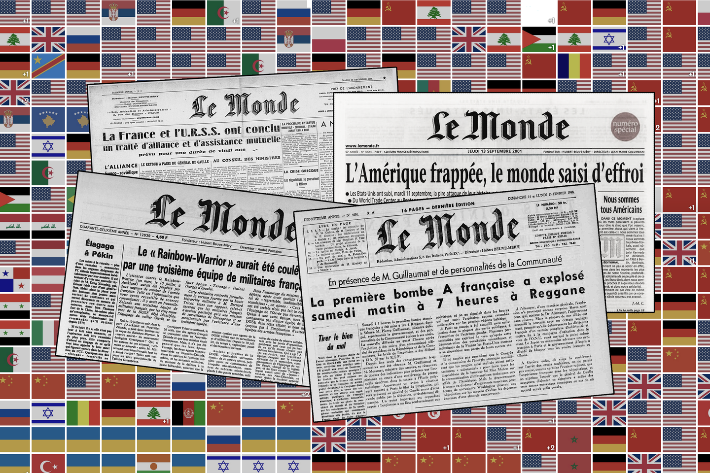 Which countries have appeared most on Le Monde's front page, and when?
