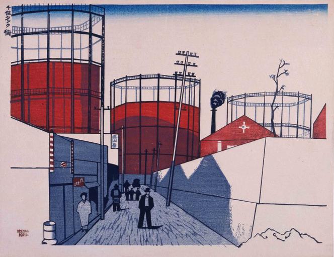 « Cent vues du Grand Tokyo à l'ère Showa » : « Les gazomètres de Senju » (1930), de Koizumi Kishio.