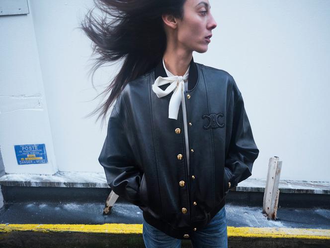 Blouson en cuir d’agneau, blouse et jeans, Celine par Hedi Slimane, prix sur demande. celine.com