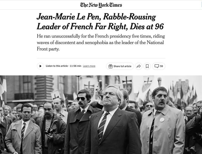 Captura de tela do obituário de Jean-Marie Le Pen publicada no site “New York Times”, 7 de janeiro de 2025.