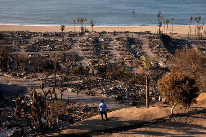 Um trabalhador de serviços públicos avalia os danos causados pelo incêndio em Palisades no bairro de Pacific Palisades, em Los Angeles, em 12 de janeiro de 2025.