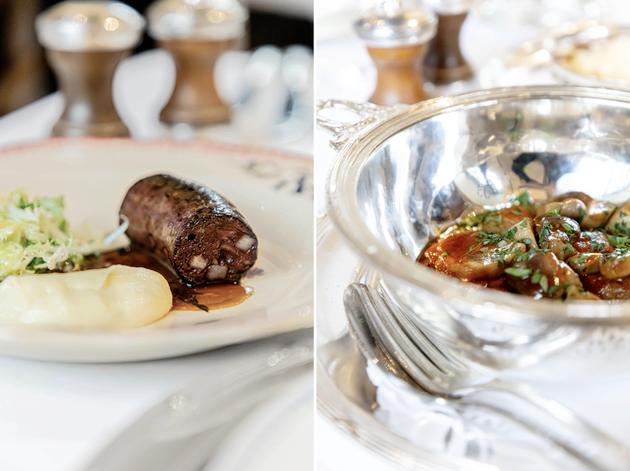 De gauche à droite: Pudding noir maison et Boeuf Bourguignon par Frédéric Anton, chef de La Ferme Du, Paris.