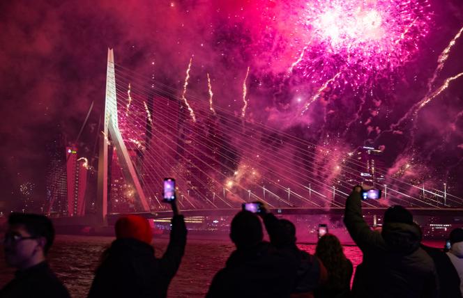 Des spectateurs regardent les feux d’artifice au-dessus de la Meuse au pont Erasme lors de la célébration du Nouvel An, à Rotterdam (Pays-Bas), le 1ᵉʳ janvier 2025.