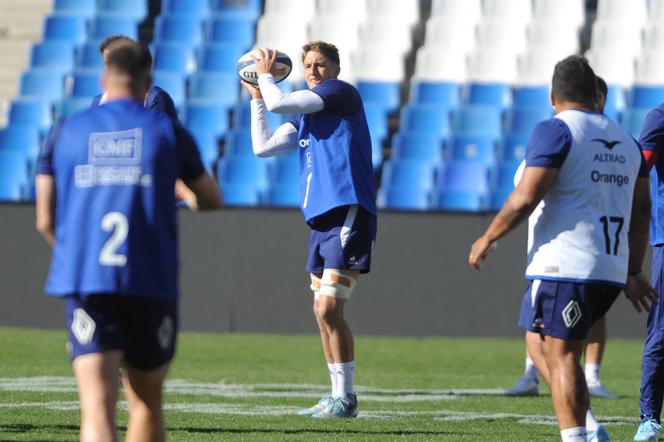 Le troisème ligne français Oscar Jegou lors d’un entraînement avant le match entre la France et l’Argentine, le 5 juillet 2024 à Mendoza (Argentine).