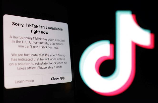 Le logo de TikTok accompagné du message s’affichant, depuis dimanche 19 janvier à minuit, à l’ouverture de l’application par les utilisateurs américains.
