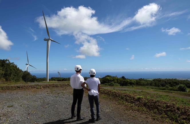 Des employés de TotalEnergies près des éoliennes du parc éolien de La Perrière à Sainte-Suzanne, sur l’île de La Réunion, le 22 janvier 2025.