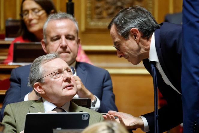 Philippe Bas (à gauche), discute avec Bruno Retailleau au Sénat, à Paris, le 7 novembre 2023.