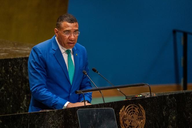 Le premier ministre jamaïcain, Andrew Holness, dans la salle de l’Assemblée générale au siège des Nations unies, à New York, le 22 septembre 2024.