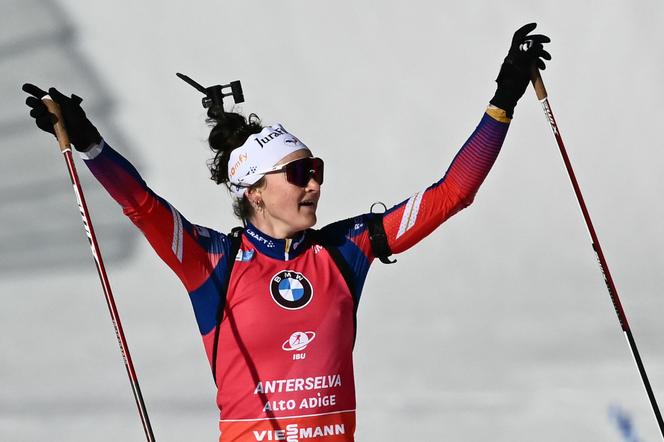 O francês Lou Jeanmonnot venceu a perseguição em Antholz, sábado, 25 de janeiro de 2025, como parte da Copa do Mundo de Biatlo.