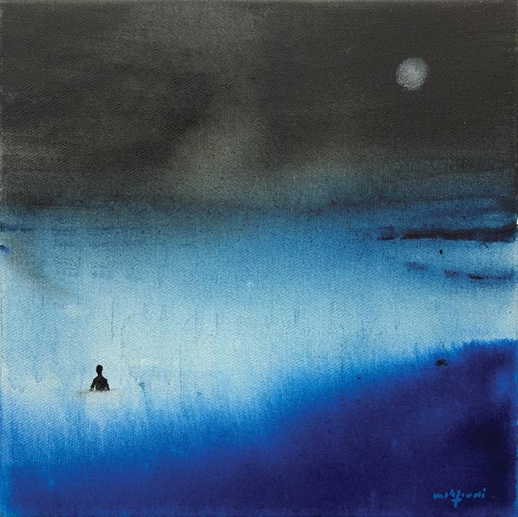 « When the Moon Calls », d’Omar Mahfoudi (acrylique liquide sur toile, 30 cm x 30 cm, 2024).