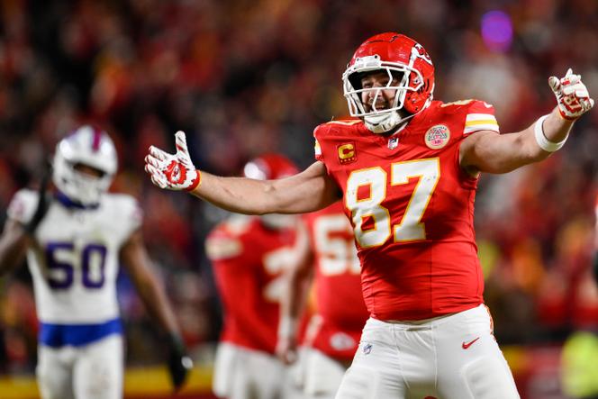 Kansas City Chiefs tight end Travis Kelce (87) reacts to a win over Buffalo Bills during the second half of the AFC Championship NFL football game, on January 26, 2025, in Kansas City, Mo.