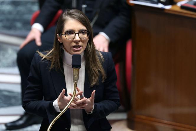 Aurore Bergé, ministre déléguée chargée de l’égalité entre les femmes et les hommes et de la lutte contre les discriminations, lors de la séance des questions au gouvernement à l’Assemblée nationale. A Paris, le 28 janvier 2025.