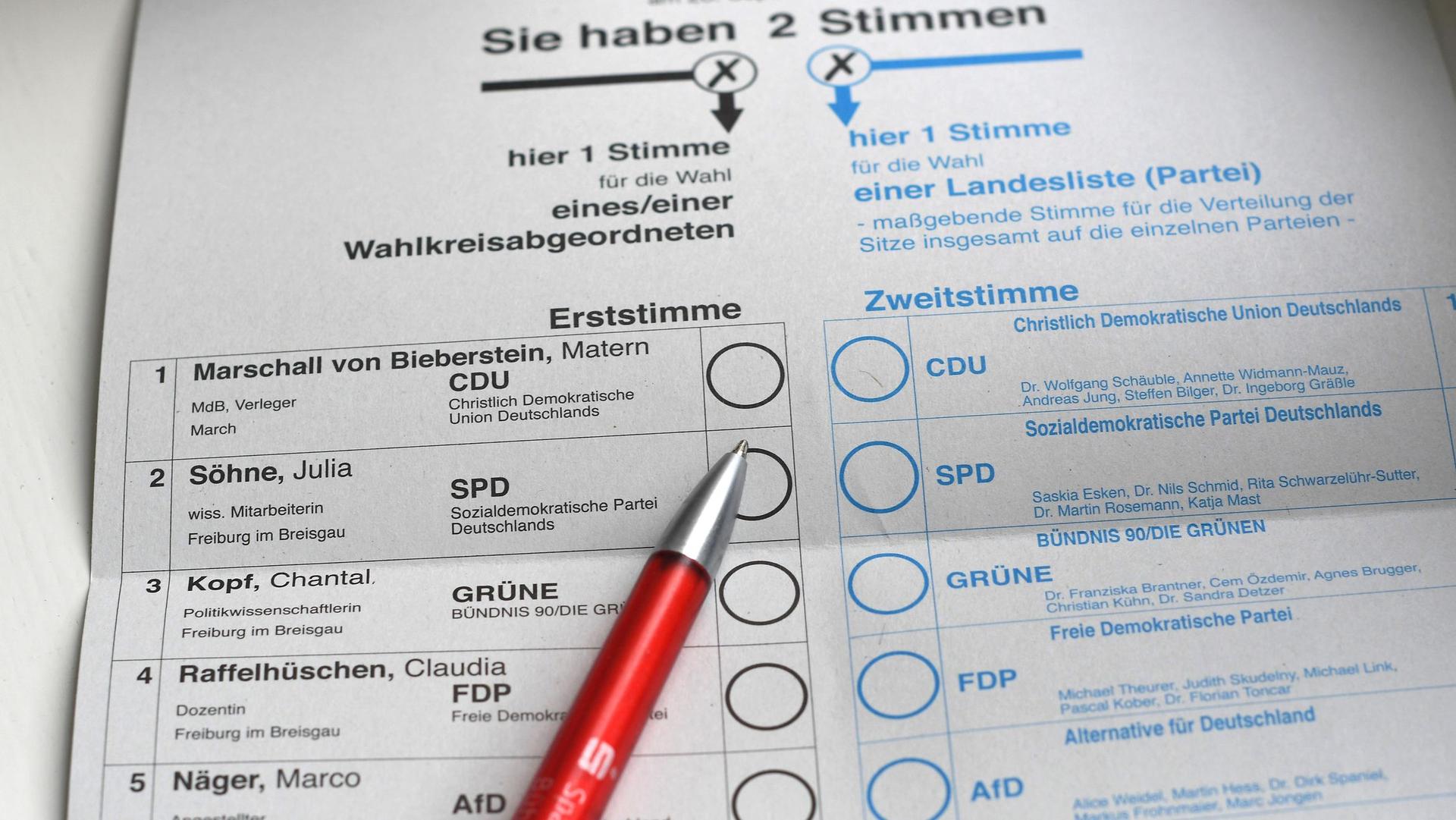 A German ballot paper, with the two votes: the first (in black) and the second (in blue).