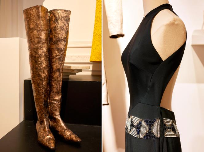 A gauche : cuissardes Chanel, collection prêt-à-porter, circa 2000. A droite : robe du soir, Grès, collection haute couture, circa 1975.