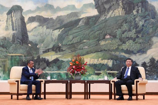 Le directeur général de l’OMS, Tedros Adhanom, lors d’une réunion avec le président chinois, Xi Jinping, au Grand Hall du Peuple à Pékin, le 28 janvier 2020. La Chine a exhorté ses citoyens à reporter leurs voyages à l’étranger alors qu’elle déploie des efforts sans précédent pour contenir une épidémie qui a tué 106 personnes et poussé d’autres gouvernements à éloigner leurs ressortissants de l’épicentre de la contagion.