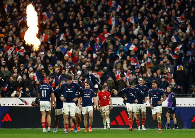 Les joueurs du XV de France lors du match du Tournoi des six nations contre le Pays de Galles,&nbsp;au Stade de France, à Saint-Denis (Seine-Saint-Denis), le 31&nbsp;janvier 2025.