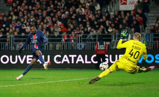 Le troisième but d'Ousmane Dembélé contre Brest, au stade Francis-le Blé, à Brest, le 1er février 2025. 