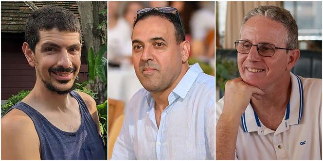 De gauche à droite : Or Levy, Eli Sharabi et Ohad Ben Ami, des photos fournies par les familles des trois otages, enlevés par le Hamas et amenés dans la bande de Gaza, le 7 octobre 2023.