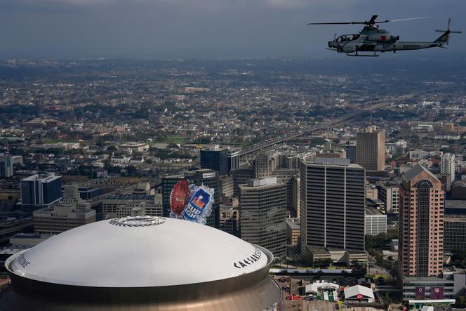 A helicopter from Marine Light Attack Squadron 773 flies over the Caesars Superdome prior to Super Bowl 59 between the Philadelphia Eagles and Kansas City Chiefs in New Orleans on February 8, 2025.