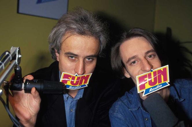 Doc et Difool, alors animateurs vedettes de Fun Radio, à Paris, en mars 1994.