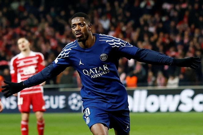 Ousmane Dembélé a marqué un double lors du match aller de la Ligue des champions entre Brest et le PSG au stade Roudourou à Guingamp le 11 février 2025.