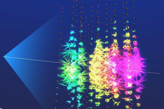 Ilustração do evento de registro no KM3NET. A linha branca simboliza a trajetória de neutrinos e os flashes coloridos, o traço deixado pelo Muon.