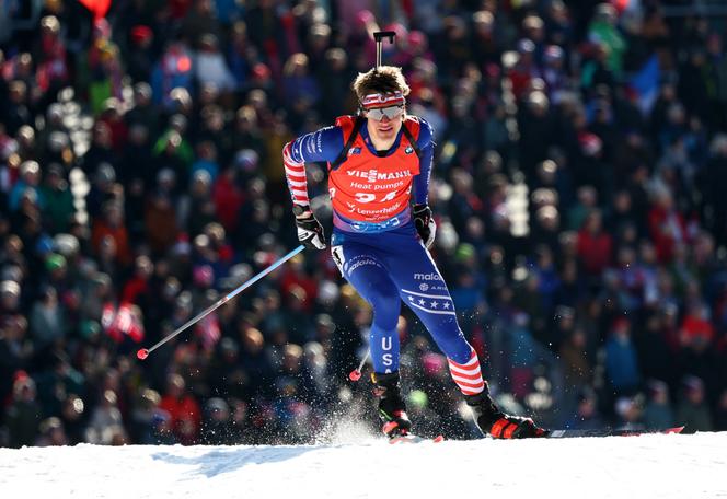 L’Américain Campbell Wright lors du sprint des championnats du monde de biathlon à Lenzerheide (Suisse), le 15 février 2025.